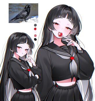 1girl absurdres animification bird black_hair black_skirt blush bright_pupils color_guide colored_inner_hair commentary_request crow grey_hair grey_neckerchief half-closed_eyes haze_(7h4ze) highres long_hair looking_at_viewer midriff multicolored_hair navel neckerchief original photo_inset pleated_skirt red_eyes sailor_collar school_uniform serafuku simple_background skirt smile stomach two-tone_hair white_background