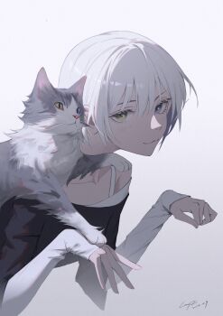 Rule 34 | 1girl, :3, absurdres, bang dream!, bang dream! it's mygo!!!!!, black shirt, blue eyes, blush, cat, chinese commentary, closed mouth, commentary, heterochromia, highres, kaname raana, layered sleeves, long sleeves, looking at viewer, raana the cat, roundschen, shirt, short hair, short over long sleeves, short sleeves, signature, solo, trait connection, white background, white hair, white shirt, yellow eyes