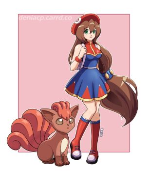 1girl :d :o adapted_costume artist_name backpack bag bare_shoulders beret blue_dress blue_trim boots bracelet breasts brown_eyes brown_fur brown_hair crossover deniacp dress fox gen_1_pokemon gold_trim green_eyes hair_between_eyes hat highres humanization iris_(mega_man) jewelry large_breasts long_hair looking_at_viewer low-tied_long_hair mega_man_(series) mega_man_x4 mega_man_x_(series) mega_man_x_dive multiple_tails nintendo open_mouth orange_fur outside_border pigeon-toed pokemon pokemon_(creature) purple_bag red_background red_boots red_dress red_fur red_hat shiny_skin short_dress sleeveless sleeveless_dress smile standing standing_on_one_leg tail two-tone_background two-tone_dress very_long_hair vulpix white_background white_fur