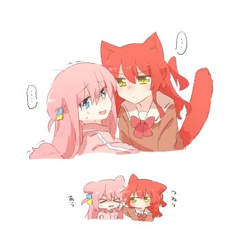>_< ... 2girls animal_ears blue_eyes blush_stickers bocchi_the_rock! bow bowtie brown_cardigan cardigan cat_ears cat_girl cat_tail cheek_pull chibi closed_eyes closed_mouth commentary_request cropped_torso double-parted_bangs gotoh_hitori hair_between_eyes jacket kemonomimi_mode kita_ikuyo multiple_girls nervous_smile nervous_sweating no_mouth open_mouth pink_jacket rebecca_(keinelove) red_bow red_bowtie sailor_collar school_uniform shuka_high_school_uniform simple_background smile spoken_ellipsis sweat tail track_jacket trembling white_background white_sailor_collar yellow_eyes