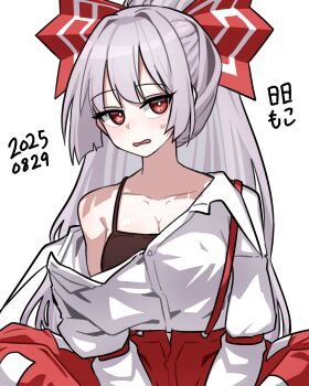 1girl absurdres bow breasts bright_pupils brown_camisole camisole cleavage collared_shirt commentary_request dated dot_nose fujiwara_no_mokou grey_hair hair_bow high_ponytail highres long_hair neophyte open_fly pants parted_lips ponytail red_bow red_eyes red_pants red_suspenders shirt simple_background single_off_shoulder sitting solo spaghetti_strap suspenders sweat touhou transparent_background very_long_hair white_bow white_pupils white_shirt