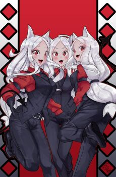 3girls :d absurdres animal_ears belt black_belt black_gloves black_necktie black_pants black_shoes black_tail black_vest blush border cerberus_(helltaker) collared_shirt commentary demon_girl demon_tail dog_ears english_commentary fang feet_out_of_frame foot_up gloves gradient_border hand_on_own_hip helltaker highres kobi420 long_hair long_sleeves looking_at_viewer medium_hair multiple_girls necktie open_mouth outline pants red_background red_eyes red_outline red_shirt shirt shoes skin_fang smile standing standing_on_one_leg tail thigh_gap tongue vest white_border white_hair