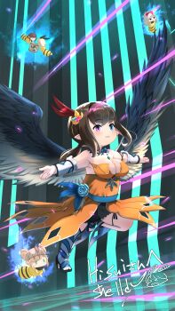 1girl black_wings blue_boots blue_eyes boots breasts brown_hair cleavage commentary_request commission dress feathered_wings final_fantasy final_fantasy_xiv heterochromia highres lalafell large_breasts long_hair open_mouth orange_dress outstretched_arms pointy_ears purple_eyes shelldy skeb_commission spread_arms toes wings