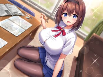 1girl :d black_hairband black_pantyhose blue_eyes blue_skirt blurry blurry_background blush book bra breasts brown_hair brown_pantyhose bursting_breasts button_gap collared_shirt couch curtains depth_of_field dutch_angle eraser hair_between_eyes hairband holding indoors large_breasts lens_flare light_particles looking_at_viewer mechanical_pencil miniskirt neck_ribbon notebook open_book open_mouth original pantyhose pen pencil pencil_case pleated_skirt red_ribbon ribbon rug school_uniform shirt short_hair short_sleeves sitting skirt smile solo sparkle table underwear white_shirt window yago8_pp3 yokozuwari