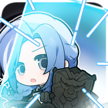 Rule 34 | 1girl, artist request, black gloves, blue hair, braid, braided ponytail, chibi, chibi only, dp-12 (girls' frontline), girls' frontline, girls' frontline 2: exilium, gloves, grey eyes, helen (girls' frontline 2), highres, official art, second-party source, solo