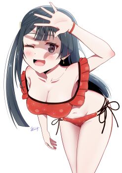 1girl ;d absurdres arm_up armpits bent_over bikini black_hair blush breasts cleavage collarbone commentary grey_eyes hair_ornament highres ice_compass0610 long_hair looking_at_viewer love_live! love_live!_nijigasaki_high_school_idol_club medium_breasts off-shoulder_bikini off_shoulder official_alternate_costume one_eye_closed one_side_up open_mouth red_bikini side-tie_bikini_bottom signature simple_background smile solo standing swimsuit triangle_hair_ornament white_background yuki_setsuna yuki_setsuna_(kujibikido_swimsuit)