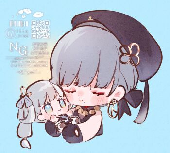 Rule 34 | 2girls, bead necklace, beads, beret, black gloves, black hat, blurry, blurry background, chibi, chibi only, closed eyes, closed mouth, commentary, earrings, gloves, grey hair, hair rings, hat, highres, hoop earrings, jewelry, jinhsi (wuthering waves), long hair, lt26, mini person, minigirl, mole, mole on cheek, mole under mouth, multiple girls, necklace, sanhua (wuthering waves), smile, symbol-only commentary, wuthering waves