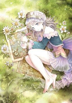 Rule 34 | 1girl, absurdres, atelier (series), atelier totori, back bow, bare shoulders, barefoot, blue sleeves, bow, dress, feet, fetal position, flower, grey eyes, grey hair, hair spread out, highres, kishida mel, legs, long hair, lying, map, official art, skirt, solo, tiara, totooria helmold