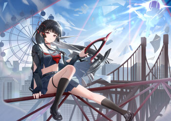 1girl arm_cutout black_hair black_jacket black_shirt black_shoes black_skirt black_socks breasts chisa_(wuthering_waves) clothing_cutout commentary_request dian_zhi_sang hair_ribbon highres holding holding_sword holding_weapon jacket loafers long_sleeves looking_at_viewer medium_breasts neckerchief parted_lips partial_commentary red_eyes red_neckerchief red_ribbon ribbon sailor_collar shirt shoes skirt socks solo sword tacet_mark_(wuthering_waves) thigh_strap thighs weapon white_sailor_collar wuthering_waves