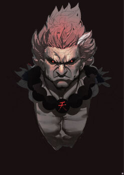Rule 34 | 1boy, absurdres, akuma (street fighter), commentary, highres, jewelry, mahousho, muscular, muscular male, necklace, red eyes, red hair, solo, street fighter, topknot