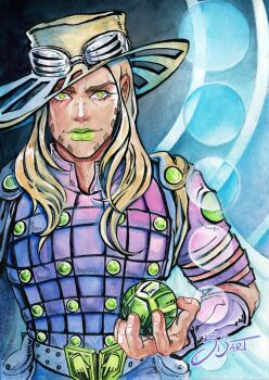 Rule 34 | 1boy, arm warmers, ball, beard, belt, belt buckle, blonde hair, bodysuit, brown hat, buckle, cape, closed mouth, commentary, cowboy hat, english commentary, facial hair, fingernails, goggles, goggles on headwear, green eyes, green lips, grey bodysuit, gyro zeppeli, hat, high collar, highres, holding, holding ball, holster, jojo no kimyou na bouken, long hair, male focus, painting (medium), purple arm warmers, purple shirt, shirt, si3art, solo, steel ball (jojo), steel ball run, studded belt, traditional media, upper body, watercolor (medium)