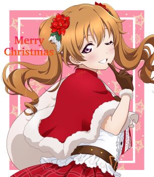 Rule 34 | 1girl, alternate hairstyle, belt, blush, brown gloves, brown hair, capelet, commentary, english commentary, flower, fur-trimmed capelet, fur trim, gloves, hair flower, hair ornament, highres, holding, holding sack, konoe kanata, long hair, looking at viewer, love live!, love live! nijigasaki high school idol club, merry christmas, multicolored background, neo (neosky24), one eye closed, purple eyes, red background, red capelet, red flower, red skirt, sack, shirt, signature, skirt, smile, star (symbol), twintails, white background, white shirt