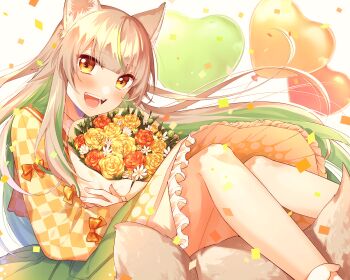 1girl absurdres animal_ears balloon blonde_hair bouquet breasts checkered_clothes colored_inner_hair commentary_request confetti flower fox_ears fox_girl fox_tail green_hair green_skirt heart_balloon highres holding holding_bouquet indie_virtual_youtuber long_hair medium_breasts multicolored_hair open_mouth orange_hair orange_sailor_collar pleated_skirt red_flower red_rose rose sailor_collar samon_shana_(vtuber) skirt smile solo streaked_hair tail tohyama_shage two-tone_hair very_long_hair virtual_youtuber yellow_flower yellow_rose