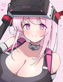 1girl bare_shoulders black_sports_bra blue_archive breasts choker cleavage commentary_request eimi_(armed)_(blue_archive) eimi_(blue_archive) elbow_gloves gloves grid_background head-mounted_display heart highres large_breasts long_hair looking_at_viewer official_alternate_costume ousaka_(buppa_man) pink_background pink_eyes pink_hair simple_background smile solo sports_bra upper_body visor_lift