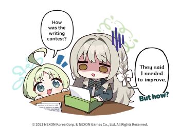 Rule 34 | 2girls, :3,  (blue archive), ahoge, blazer, blue archive, braid, brown hair, commentary, donmin h, english commentary, english text, green hair, green halo, green jacket, hair intakes, halo, hands up, jacket, long hair, long sleeves, looking at another, miyo (blue archive), multicolored hair, multiple girls, no nose, official art, open mouth, ritsu (blue archive), shaded face, smile, speech bubble, streaked hair, typewriter, very long hair