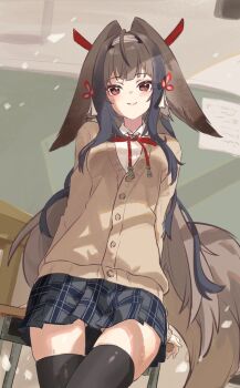 1girl alternate_costume alternate_eye_color black_thighhighs breasts brown_cardigan brown_eyes brown_hair brown_tail cardigan chalkboard closed_mouth clover clover_hair_ornament commentary cowboy_shot desk droopy_ears english_commentary grey_skirt hair_intakes hair_ornament hairband indoors leaning_on_table long_hair looking_at_viewer mashaer1548298 medium_breasts school school_uniform shirt skirt smile solo tail thighhighs very_long_hair white_hairband white_shirt ye_shunguang zenless_zone_zero