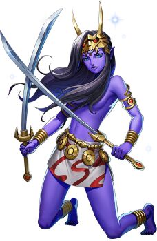 1girl anklet artist_request black_hair blue_eyes bracelet breasts colored_skin demon_(megami_tensei) dual_wielding fangs gold_anklet gold_bracelet hair_censor holding holding_sword holding_weapon jewelry kneeling official_art persona persona_5 persona_5:_the_phantom_x pointy_ears purple_skin shin_megami_tensei solo sword third-party_source topless_female transparent_background two-tone_skirt weapon yaksini_(megami_tensei)