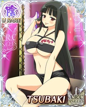 1girl arm_between_legs arm_up bikini black_bikini black_hair black_shorts body_writing border breasts card_(medium) character_name closed_mouth electric_guitar english_text game_cg guitar hime_cut instrument large_breasts long_hair looking_at_viewer official_alternate_costume official_art red_eyes senran_kagura senran_kagura_new_wave shorts skindentation smile solo stage swimsuit tongue tongue_out tsubaki_(senran_kagura)
