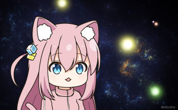 1girl animal_ear_fluff animal_ears blue_eyes bocchi_the_rock! cat_ears cat_girl cat_tail commentary_request cube_hair_ornament gotoh_hitori hair_between_eyes hair_ornament jacket meme mitya one_side_up open_mouth pink_hair pink_jacket sidelocks solo space space_cat_(meme) tail track_jacket twitter_username upper_body