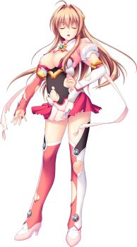 1girl ahoge angel_tear boots breasts brown_hair chest_jewel cleavage closed_eyes detached_sleeves full_body game_cg hair_intakes hand_on_own_hip high_heels highres large_breasts large_variant_set long_hair magical_girl maishima_yuri navel nerawareta_megami_tenshi_angel_tear nipples non-web_source official_art open_mouth pleated_skirt skirt solo standing thigh_boots thighhighs torn_clothes torn_thighhighs transparent_background tsukumo_kazuita variant_set