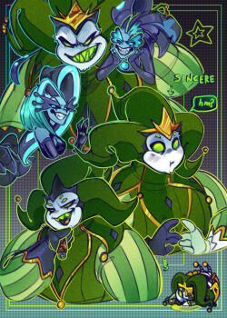 1boy 2girls demon_boy demon_horns evil_grin evil_smile extra_eyes glam_(helluva_boss) glitz_(helluva_boss) green_eyes grin hellaverse helluva_boss highres horns jester looking_at_viewer mammon_(helluva_boss) metalhivesystem multiple_girls sharp_teeth siblings sisters smile teeth