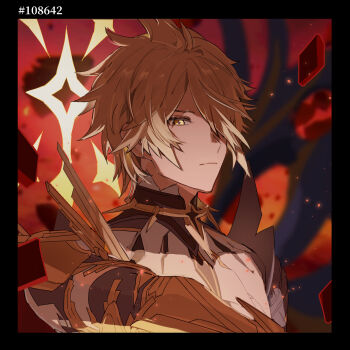 Rule 34 | 1boy, alternate form, blonde hair, chinese commentary, commentary request, cracked skin, hair over one eye, halo, halo behind head, highres, honkai: star rail, honkai (series), male focus, material growth, phainon (honkai: star rail), phainon (khaslana) (honkai: star rail), short hair, solo, spiked hair, yellow eyes, yiyiyiyi670