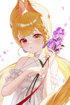 1girl absurdres alice_thymefield alternate_costume animal_ear_fluff animal_ears bare_shoulders blonde_hair commentary dress falling_petals flower frilled_dress frills heterochromia highres holding holding_flower long_hair looking_at_viewer nail_polish parted_lips petals pink_flower rabbit_ears rabbit_girl red_eyes simple_background sleeveless sleeveless_dress solo twintails upper_body white_background white_dress yamisroot yellow_eyes zenless_zone_zero