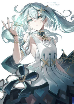 1girl aqua_hair aqua_nails armpit_cutout bare_shoulders bracelet clothing_cutout coppepan cowboy_shot dated dress faruzan_(genshin_impact) genshin_impact glowing head_tilt highres jewelry long_hair parted_lips pyramid_(geometry) short_sleeves shoulder_cutout standing symbol-shaped_pupils triangle-shaped_pupils twintails white_background white_dress
