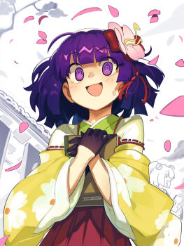 2girls @_@ bell boa_(brianoa) book checkered_clothes checkered_kimono cherry_blossoms flower gloves hair_bell hair_flower hair_ornament hakama hakama_skirt half_gloves hieda_no_akyuu highres holding holding_book japanese_clothes kimono motoori_kosuzu multiple_girls purple_eyes purple_hair red_hakama short_hair skirt solo_focus touhou two_side_up wide_sleeves yellow_kimono