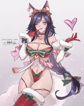 1girl ahri_(league_of_legends) animal_ears artist_name bare_shoulders bikini black_hair bow breasts character_name christmas cleavage commentary english_commentary facial_mark fox_ears fox_girl fox_tail full_body fur-trimmed_bikini fur-trimmed_gloves fur_trim gloves green_bow heart highres large_breasts league_of_legends long_hair looking_at_viewer navel one_eye_closed princess_ailish red_bikini red_gloves red_thighhighs santa_bikini santa_costume signature simple_background smile solo swimsuit tail thighhighs whisker_markings yellow_eyes