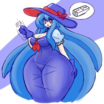 1girl blue_dress blue_hair breasts cleavage controller dress female_focus game_controller gensin gloves handjob_gesture hat highres kamishirasawa_keine large_breasts long_hair looking_at_viewer red_eyes solo standing thick_thighs thighs touhou very_long_hair wide_hips wii_remote witch_hat