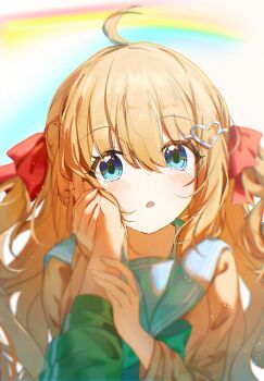 Rule 34 | 1girl, 1other, ahoge, blue eyes, blue sailor collar, bow, bowtie, brown hair, cardigan, green bow, green bowtie, hair between eyes, hair ornament, hair ribbon, hand on another's cheek, hand on another's face, hashtag-only commentary, heart, heart hair ornament, highres, long hair, looking at viewer, neuro-sama, parted lips, pov, rainbow, red ribbon, ribbon, sailor collar, teardrop, two side up, upper body, vedal ai, virtual youtuber, xiehuang fenzhengrou, yellow cardigan