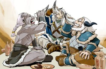 Rule 34 | 3boys, armor, beard, black horns, boots, bottle, braid, braided ponytail, brown boots, colored skin, drinking, drinking horn, earrings, facial hair, food, grensen the honorless, grey hair, grey skin, horns, jewelry, long sleeves, male focus, multiple boys, muscular, muscular male, mustache, old, old man, pixiv fantasia, pixiv fantasia last saga, ponytail, sitting, sou- -you, thick eyebrows, white hair, yar (pixiv fantasia last saga)
