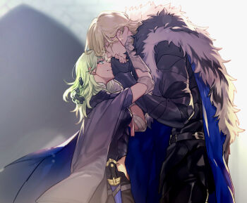 1boy 1girl 5_(femfamme) armor black_armor black_fur blonde_hair blue_cape breasts cape closed_eyes couple dagger dimitri_alexandre_blaiddyd dimitri_alexandre_blaiddyd_(timeskip) female_byleth_(awakened)_(fire_emblem) female_byleth_(fire_emblem) fire_emblem fire_emblem:_three_houses from_side fur-trimmed_cape fur_trim green_hair hetero knife looking_at_another looking_up medium_breasts medium_hair nintendo smile weapon white_fur
