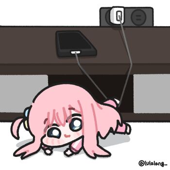 1girl :3 artist_name blue_eyes blush_stickers bocchi_the_rock! cable cellphone charger chibi electrical_outlet entangled gotoh_hitori highres long_hair looking_at_viewer lulalang on_floor one_side_up phone photo-referenced pink_hair pink_track_suit smartphone solo table track_suit twitter_username
