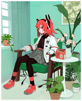 1girl a.i._voice adachi_rei armchair black_pantyhose cable chair flower full_body grey_skirt hair_ribbon highres indoors jacket long_sleeves medium_hair miniskirt on_chair one_side_up orange_hair orange_shoes pantyhose plant pleated_skirt potted_plant radio ribbon s1ho_(ukiy0u0) shoes sitting skirt solo table utau white_flower white_jacket white_ribbon
