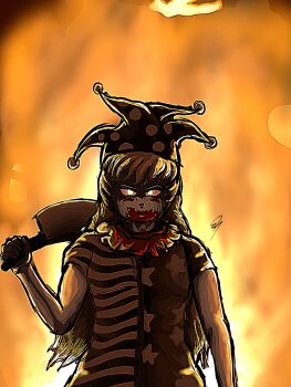 Rule 34 | absurdres, bad anatomy, blood, blood on clothes, blood on face, burning, clownpiece, color filter, fire, highres, holding, holding knife, it (stephen king), knife, legacy of lunatic kingdom, non-web source, parody, scene reference, touhou