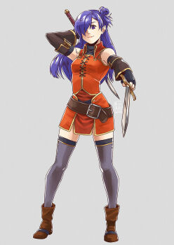 1girl bare_shoulders boots brown_boots cosplay female_shez_(fire_emblem) fingerless_gloves fire_emblem fire_emblem:_three_houses fire_emblem_warriors:_three_hopes gloves hair_bun hair_over_one_eye long_hair looking_at_viewer mia_(fire_emblem) mia_(fire_emblem)_(cosplay) nintendo purple_eyes purple_hair single_hair_bun solo tsukkimin