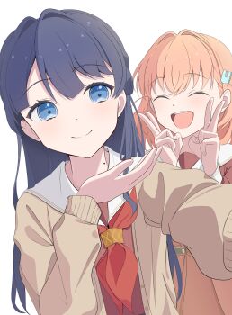 2girls :d ^_^ absurdres blue_eyes blue_hair brown_cardigan brown_dress cardigan closed_eyes closed_mouth commentary_request double_v dress hair_ornament half_updo hasu_no_sora_school_uniform highres hinoshita_kaho link!_like!_love_live! long_sleeves love_live! mole mole_on_neck morio_(mmorio_mu) multiple_girls murano_sayaka neckerchief open_cardigan open_clothes open_mouth orange_hair rabbit_hair_ornament red_neckerchief sailor_collar sailor_dress school_uniform smile split_mouth teeth two_side_up upper_teeth_only v virtual_youtuber white_sailor_collar winter_uniform