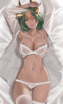 1girl bra breasts cleavage dark-skinned_female dark_skin female_focus fire_emblem fire_emblem_heroes gradient_hair green_hair highres j@ck laegjarn_(fire_emblem) large_breasts lying multicolored_hair navel nintendo one_eye_closed open_clothes open_shirt orange_hair panties parted_lips red_eyes shirt smile solo thighhighs underwear white_bra white_panties white_shirt white_thighhighs