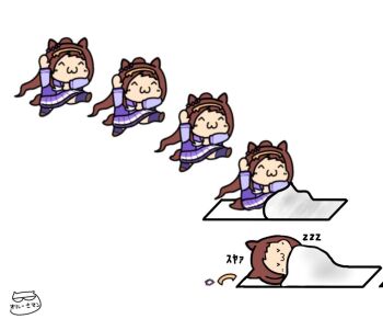 1girl animal_ears artist_name blush brown_hair ear_ornament futon hairband horse_ears horse_girl horse_tail long_hair oniisaman ponytail purple_shirt sakura_bakushin_o_(umamusume) school_uniform shirt sleeping smile tail tracen_school_uniform umamusume