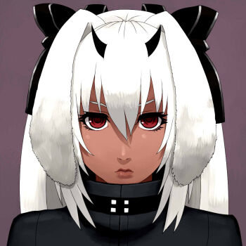 1girl animal_ears black_horns black_jacket commentary_request dark-skinned_female dark_skin dog_ears expressionless frown hair_ribbon horns jacket koma_neko original portrait red_eyes ribbon solo white_hair