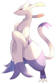 claws full_body gen_5_pokemon highres looking_at_viewer mienshao nintendo no_humans pokemon pokemon_(creature) purple_fur red_eyes rumine_(yoshi1234567) simple_background solo standing two-tone_fur white_background white_fur