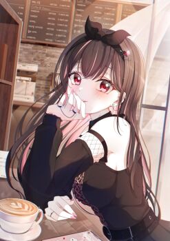 1girl belt black_belt black_bow black_hair black_hairband black_shirt black_sleeves bow bow_hairband breasts center_frills coffee commentary_request cross_hair_ornament cup detached_sleeves double-parted_bangs fingernails fishnets frilled_shirt frills from_side gyeou_lee hair_ornament hairband hand_up heart heart_hair_ornament highres indoors jewelry korean_commentary large_breasts latte_art long_hair long_sleeves looking_at_viewer looking_to_the_side menu_board nail_polish original parted_lips pink_nails red_eyes ring shirt signature sleeveless sleeveless_shirt smile solo straight_hair table teacup