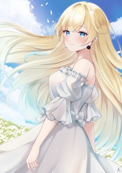 1girl aizawa_ema back_bow blonde_hair blue_eyes blue_hair blush bow breasts cat_earrings closed_mouth cloud commentary_request dress dutch_angle earrings field flower flower_field frilled_dress frilled_sleeves frills from_side gradient_hair highres jewelry kurage_cc lace lace-trimmed_dress lace_trim long_hair looking_at_viewer medium_breasts multicolored_hair off-shoulder_dress off_shoulder outdoors puffy_sleeves signature sky solo standing virtual_youtuber vspo! white_dress white_flower