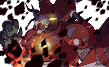 armor black_eyes colored_sclera debris digimon digimon_(creature) glowing glowing_eyes sora_officiel styracomon yellow_sclera