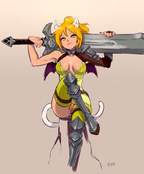 1girl animal_ears armor artist_name bad_id bad_tumblr_id bat_wings blonde_hair borrowed_character breasts breasts_apart cat_ears cat_tail cleavage cleft_of_venus crossed_legs dress female_focus greaves green_eyes highres huge_weapon leg_up medium_breasts mini_wings no_panties optionaltypo original over_shoulder oversized_object ponytail pussy sapphicneko_(sapphicneko) short_dress smug solo sword tail thigh_strap thighhighs uncensored weapon weapon_over_shoulder wings