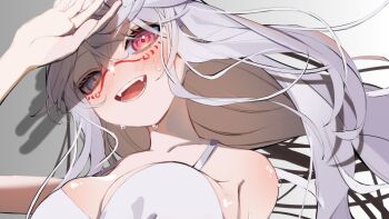 1girl blue_eyes blush breasts facial_mark grey_hair highres indie_virtual_youtuber kararage_tsune long_hair open_mouth pink_eyes prot0type7 second-party_source shadow solo sweat upper_body virtual_youtuber