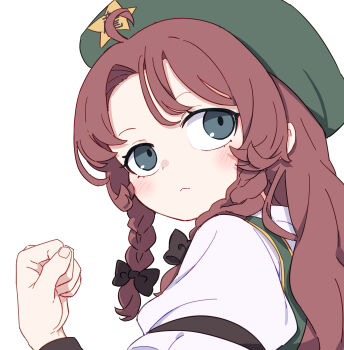 Rule 34 | 1girl, absurdres, black bow, blue eyes, blush, bow, braid, clenched hand, closed mouth, commentary, green hat, green vest, hair bow, hand up, hat, hat ornament, highres, hong meiling, kame (kamepan44231), long hair, long sleeves, parted bangs, red hair, shirt, simple background, solo, star (symbol), star hat ornament, touhou, twin braids, vest, white background, white shirt