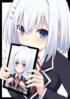 1girl black_jacket blazer blue_eyes blush book comiket_106 covering_own_mouth curious date_a_live expressionless hair_between_eyes hair_ornament hairclip hands_up highres holding holding_book iwashi_dorobou_-r- jacket manga_(object) medium_hair neck_ribbon open_mouth pornography raizen_high_school_uniform red_ribbon ribbon school_uniform self-pornography shirt solo tobiichi_origami translation_request upper_body white_hair white_shirt